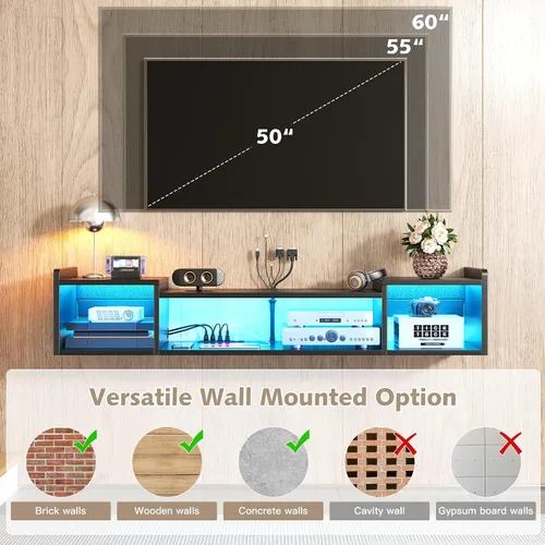 Miniatura 6 de Romorgniz - Soporte de TV flotante de 55.1 pulgadas de ancho con luces LED y tomas de corriente para televisores de 50, 55, 60, 65 pulgadas, centro