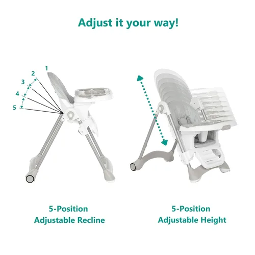 Miniatura 6 de Dream On Me Solid Times - Silla alta para bebés y niños pequeños en gris, múltiples posiciones de reclinación y altura, silla alta ligera y portátil