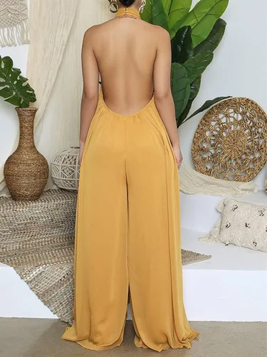 Miniatura 4 de Ekaliy - Enterizo sexi de verano para mujer, de chifón, con escote halter, sin mangas, pantalón largo de pierna ancha, enterizo de fiesta