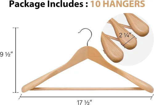 Miniatura 2 de StorageWorks - Paquete de 10 perchas de madera, perchas de hombro extra anchas para abrigos, camisas, chaquetas, pantalones, trajes, color madera