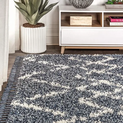 Miniatura 4 de Eyely RCM102A-28 Mercer SHAG - Alfombra de pasillo para interiores con borlas, marroquí, tribal, geométrica, enrejado, contemporánea; bohemio, Azul