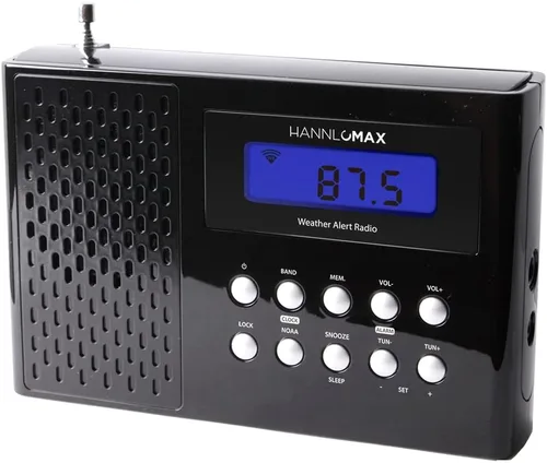 HANNLOMAX HX-512R Radio portátil de alerta AM/FM/clima, reloj despertador, pantalla LCD, conector para auriculares, fuente de alimentación dual Negro