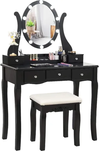 Miniatura 14 de CHARMAID Juego de tocador de maquillaje con espejo y taburete acolchado, tocador con 5 cajones y organizadores de almacenamiento extraíbles, mesa