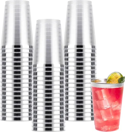 Miniatura 10 de Goodluck 50 piezas de vasos de plástico de 10 onzas para fiesta, vasos desechables plateados, vasos de cóctel de plástico para boda, Acción