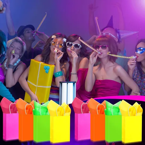 Miniatura 5 de Sherr Paquete de 24 bolsas de regalo de neón con papel de seda de 5.91 x 3.15 x 8.27 pulgadas, coloridas bolsas de papel arcoíris con asas, bolsas