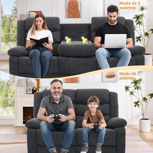 Miniatura 7 de Korser Sofá reclinable, sofá biplaza reclinable con consola, sofá reclinable extragrande con mesa desplegable, sofá de 3 plazas con portavasos y Gris