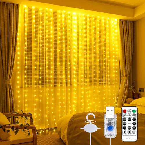 Miniatura 12 de Luz de cortina blanca cálida para dormitorio, 300 LED, 3m x 3m, luz de cadena de hadas para ventana con 16 ganchos, 8 modelos, control remoto