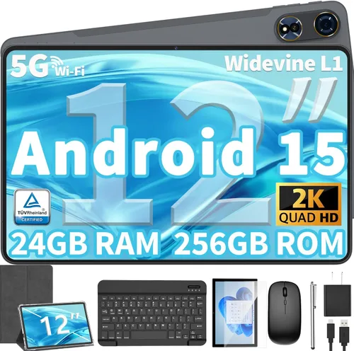 Tableta Android 15 de 12 pulgadas, tableta Android mejorada 2026 con teclado, 24GB RAM+256GB ROM (expansión 1TB), Octa-Core, pantalla 2K 2000x1200,