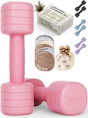 Miniatura 3 de Juego de mancuernas ajustables rosas de 5 a 12 libras, juego de mancuernas ajustables de 2 a 5 libras y kit de pilates
