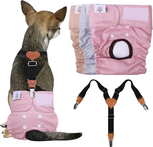 Miniatura 9 de CuteBone - Pañales para perros hembra, 3 unidades reutilizables con un suspender para perritas pequeñas, medianas y grandes, período BDD02S