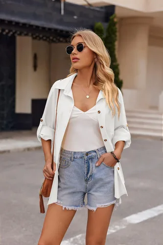 Miniatura 4 de Zeagoo Conjunto de 2 piezas de lino para mujer, camisa con botones y pantalones largos con cordón, conjuntos de verano