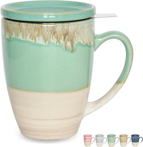 Bosmarlin Taza de té de cerámica con infusor y tapa, 13.5 onzas, 5 colores a elegir, apta para lavavajillas y microondas, esmalte reactivo, taza de
