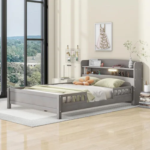 Miniatura 4 de VilroCaz Moderna plataforma de tamaño matrimonial con cabecera de almacenamiento y barandilla de seguridad para niños, plataforma de madera