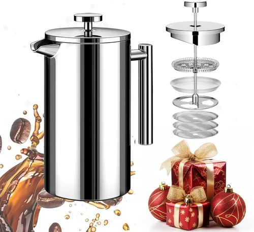 Cafetera de prensa francesa de 34 onzas, aislamiento de doble pared de acero inoxidable, 3 filtros adicionales y cuchara de café para café Plateado