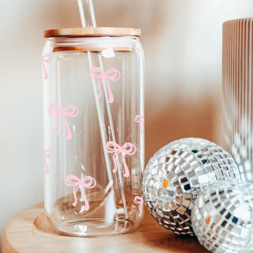 Miniatura 6 de BIPEDS Coquette Tazas de vidrio lindas con moño rosa y tapas y pajitas, taza de café helado estética, taza de diseño preppy femenino, regalos