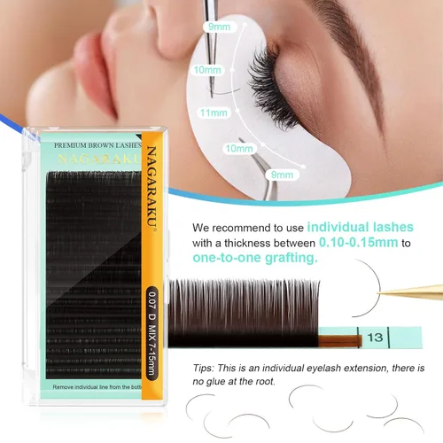 Miniatura 6 de NAGARAKU Extensiones de pestañas de color marrón oscuro 0.003 in, rizo B, 0.276-0.591 in, bandeja mixta, pestañas individuales, volumen de visón