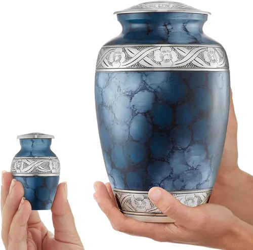 Miniatura 3 de Reminded Juego de 5 urnas decorativas de cremación para cenizas humanas, 1 latón para adultos + 4 tamaño de símbolo de recuerdo, azul