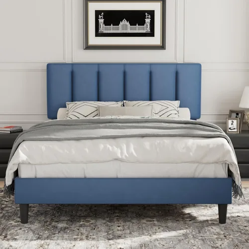 Miniatura 36 de VECELO - Base de cama tamaño individual con cabecera tapizada, plataforma con soporte de listones de madera de alta resistencia, no necesita somier
