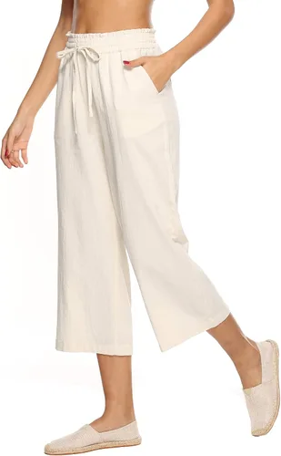 Miniatura 3 de LNX - Pantalones de lino para mujer, cintura alta, pierna ancha, cordón ajustable, pantalones holgados informales con bolsillos