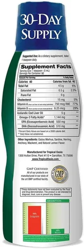Miniatura 2 de Tropical Oasis - Aceite de hígado de bacalao islandés Máxima fuerza 1144 mg de aceite de pescado líquido natural omega-3 capturado