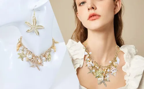 Miniatura 7 de Halawly Gargantilla de concha de cola de sirena, collar de moda con diseño de concha de mar y estrella de mar de perlas de imitación, collar grueso