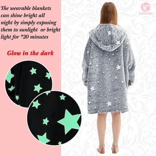 Miniatura 2 de Manta con capucha de gran tamaño, que brilla en la oscuridad, suave felpa cálida, sudadera con capucha para adultos, mujeres y hombres