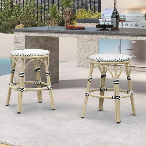 Miniatura 36 de PURPLE LEAF - Juego de 2 taburetes de bar franceses con acabado de bambú impreso, taburetes de bar de ratán para patio con respaldo, sillas de bar