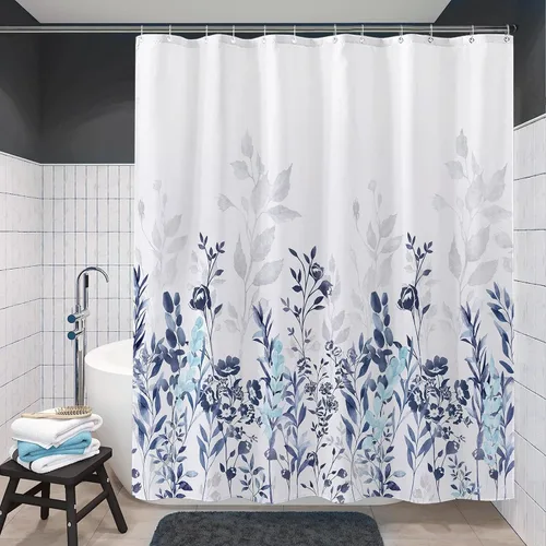 Miniatura 4 de Neasow Cortina de ducha azul y gris, cortina de baño floral de acuarela verde azulado y blanco, 72 x 72 pulgadas