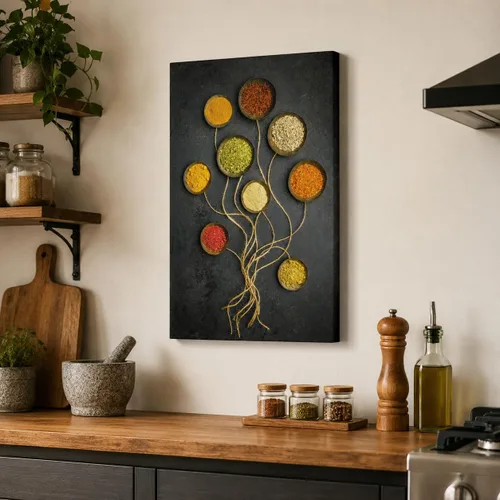 Lienzo decorativo para pared de cocina, cucharas y especias, impresión en lienzo de ingredientes coloridos para decoración de comedor, imagen Obra