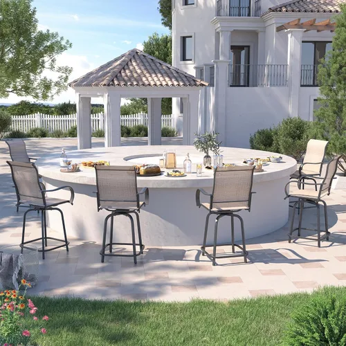 Miniatura 6 de UDPATIO Juego de 4 taburetes de bar giratorios para exteriores, taburetes altos para exteriores con tela textil impermeable, reposabrazos, Marrón