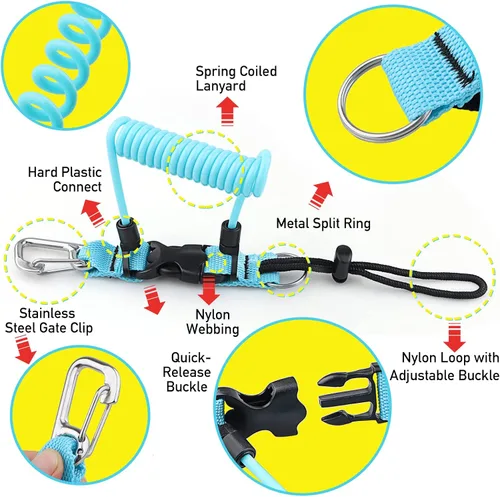 Miniatura 5 de Buceo bobina Landyard, cordón de acero inoxidable para cámara en espiral con hebilla de metal de liberación rápida Azul claro