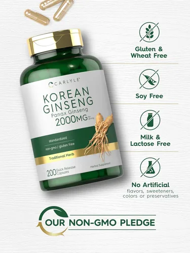 Miniatura 5 de Carlyle Cápsulas de ginseng coreano 2000 mg 200 unidades Suplemento de extracto de Panax estandarizado Fórmula sin OMG y sin gluten