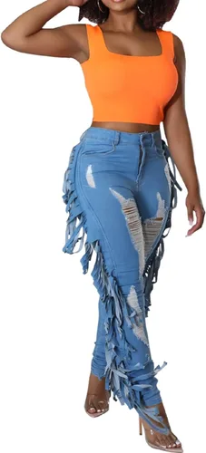 Miniatura 5 de SeNight Pantalones de mezclilla rasgados de cintura alta para mujer