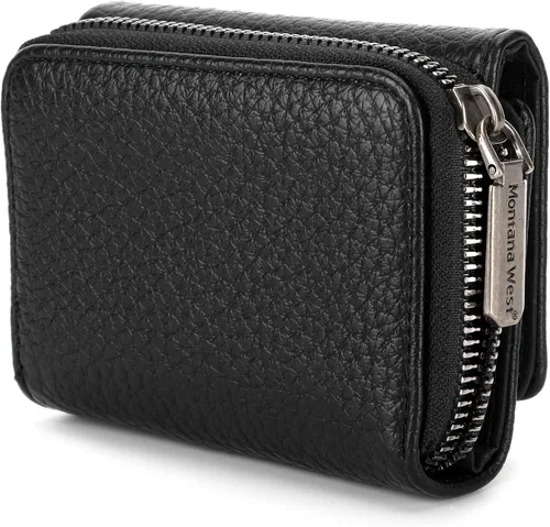 Miniatura 4 de Montana West Billetera pequeña para mujer, de piel auténtica, triple pliegue, tarjetero Rfid con cremallera y bolsillo para monedas, Un negro, Casual