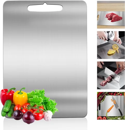 Tabla de cortar 304 de acero inoxidable de grado alimenticio para cocina para cortar carne, frutas, verduras, exteriores o interiores (15.6 x 11
