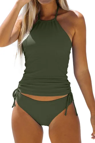 Traje de baño para mujer, color liso, con cordón lateral, cuello halter, color negro, talla S