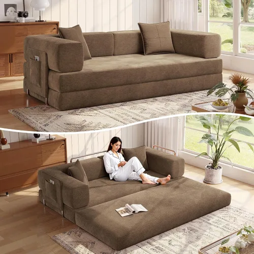 Miniatura 16 de MoonSpeak Sofá cama de 78.8 pulgadas para sala de estar, sofá modular convertible con almohada para reposabrazos, sofás modulares plegables de pana