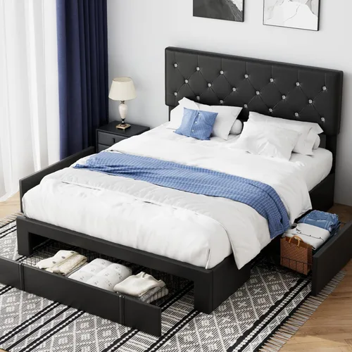 Miniatura 27 de VECELO Base de cama de tamaño individual, plataforma tapizada con cabecera ajustable de diamante, soporte de listones de madera, no necesita somier