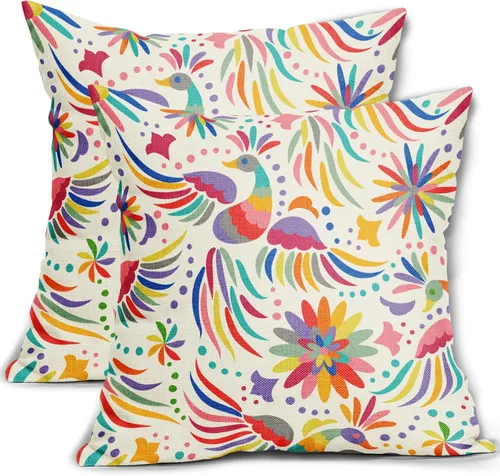 Miniatura 13 de Juego de 2 fundas de almohada con estampado floral mexicano de 18 x 18 pulgadas, diseño étnico colorido de pájaros y flores de cachemira, fundas
