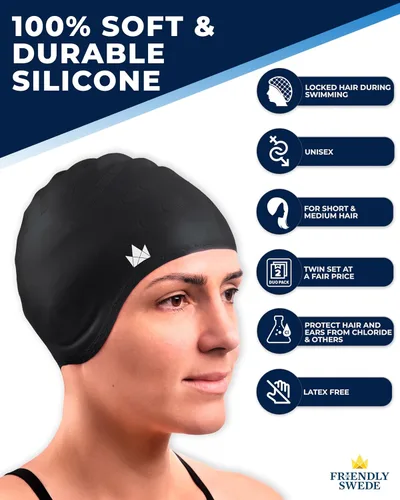 Miniatura 4 de The Friendly Swede Gorros de natación para mujeres y hombres, gorras de natación de silicona para cabello medio y largo, impermeables y mantienen