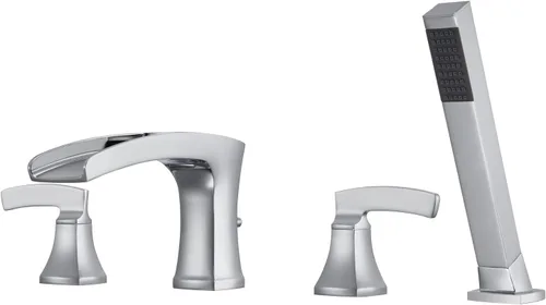 Llenador de bañera romana cascada grifo de bañera cromado, grifos de baño de latón de 4 agujeros con ducha de mano