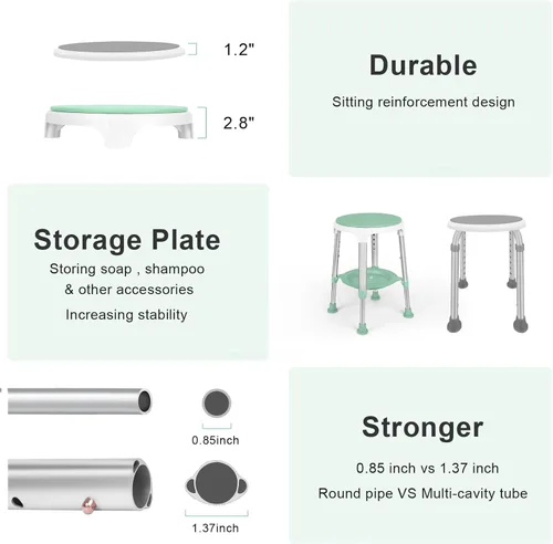 Miniatura 6 de Silla de ducha para ducha interior, taburete de ducha giratorio sin herramientas con bandeja de almacenamiento, silla de bañera ajustable y taburete