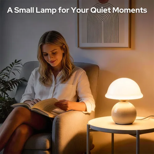 Miniatura 5 de Lámpara de mesa con forma de hongo para dormitorio, acogedora lámpara de noche con pantalla de cristal, lámpara de mesita de noche regulable