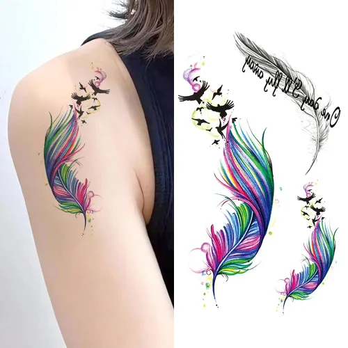 Miniatura 8 de 2 hojas de tatuajes temporales pequeños con flecha de plumas para mujeres adultas, citas realistas en negro y gris, calcomanías falsas de tatuaje