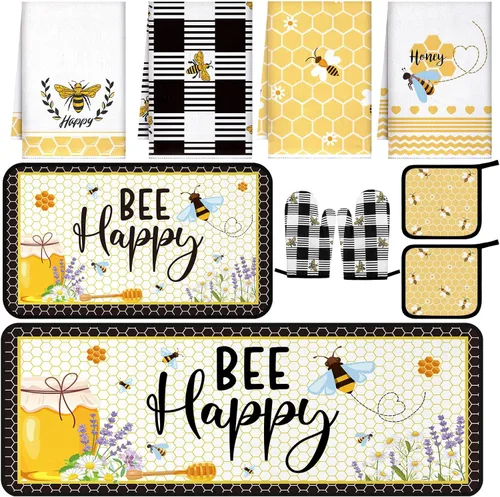 Miniatura 29 de Fourluoo Juego de 10 piezas de decoración y accesorios de cocina de girasol, diseño de búfalo blanco y negro, juego de manoplas de horno y soportes