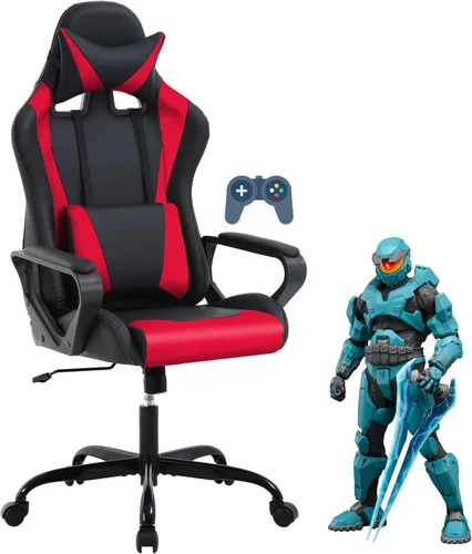 Miniatura 15 de Silla ergonómica para videojuegos, silla de oficina de piel sintética con respaldo alto y soporte lumbar ajustable y reposacabezas - Silla giratoria