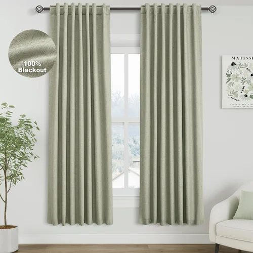 Miniatura 81 de Cortinas de lino 100% opacas para dormitorio, 102 pulgadas de largo, con pestaña trasera, bolsillo para barra, paneles acústicos con aislamiento