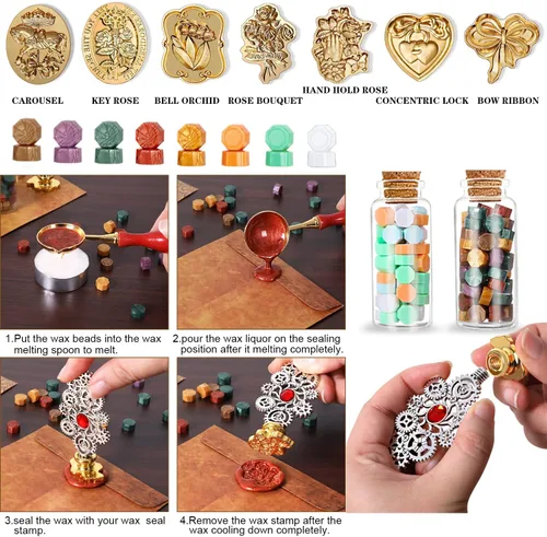 Miniatura 3 de NC Juego de Tinta de Pluma, Juego de Sello de Cera con Diario de Cuero PU y Pluma, 7 Cabezales de Sello, 2 Botellas de Perlas de Cera, para Regalo