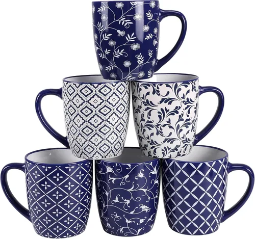 Miniatura 9 de Schliersee Juego de 6 tazas de café de cerámica blanca de 12 onzas, elegantes tazas de café en relieve para café, té, leche, cacao, cereales Tazas