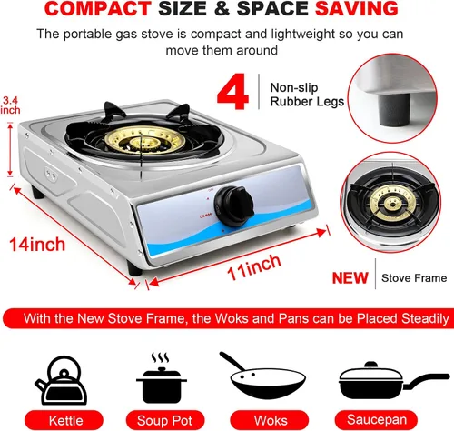 Miniatura 6 de Cocina de gas propano,Estufa de gas de un solo quemador Estufa de gas portátil de acero inoxidable,Auto Ignition Camping Single Burner LPG para RV